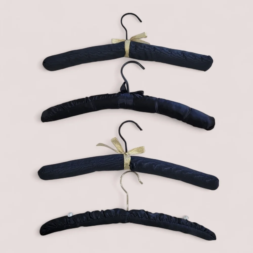 Set of Vintage Black Satin Padded Hangers with Gold And Pearl Accents
